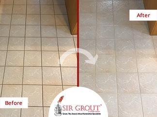 Before and After Picture of a Floor Grout Cleaning Service in Newton Center, Massachusetts