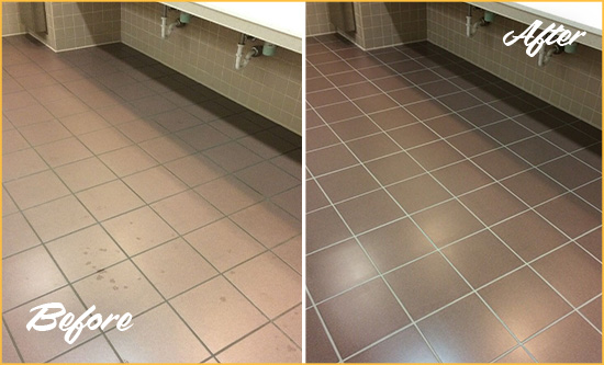 Before and After Picture of a West Boxford Restrooms Tile and Grout Cleaned to Remove Embedded Dirt