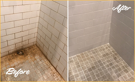 Before and After Picture of a Waban Shower Tile and Grout Cleaned to Eliminate Mold and Stains