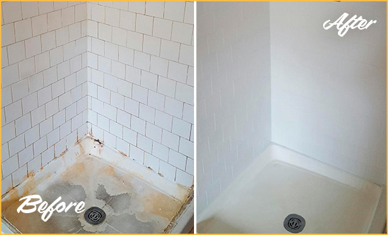 Before and After Picture of a Waban Shower Tile and Grout Cleaned to Remove Soap Scum