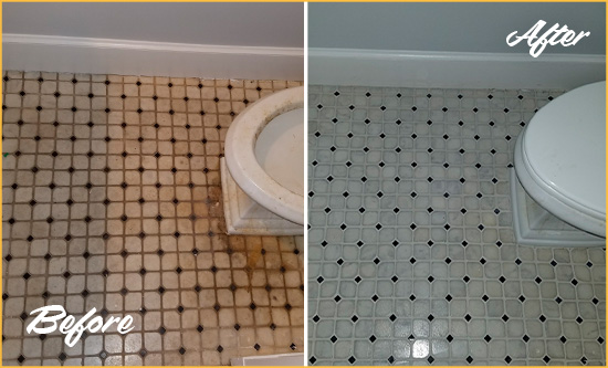 Before and After Picture of a Waban Bathroom Tile and Grout Cleaned to Remove Stains