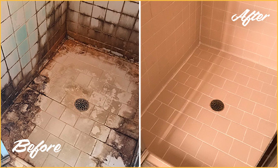 Before and After Picture of a Stow Shower Tile and Grout Cleaned to Repair Water Damage