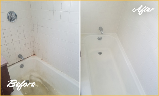 Before and After Picture of a Lynnfield Bathtub Caulked to Repair Cracks
