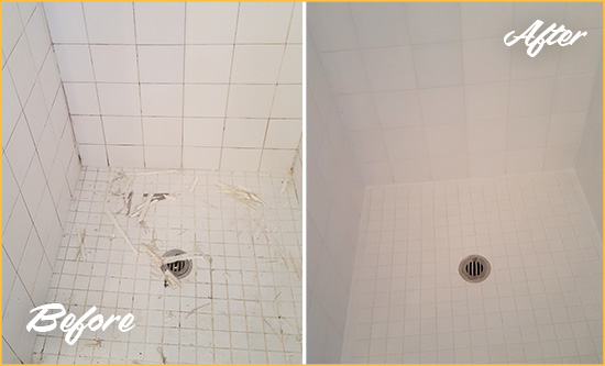 Before and After Picture of a Danvers Bathroom Re-Caulked To Repair Damaged Caulking