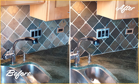 Before and After Picture of a Braintree Backsplash Caulked to Fix and Prevent Water Leaks