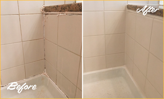 Before and After Picture of a West Boxford Shower Caulked to Repair Damaged Caulking