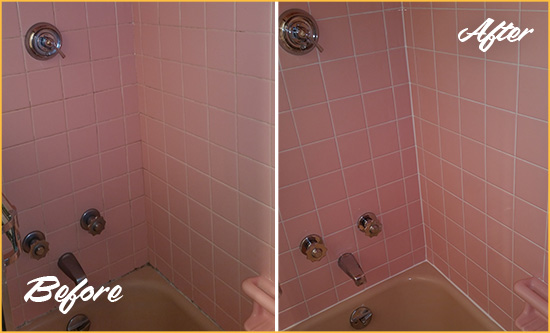 Before and After Picture of a North Andover Bathtub Caulked to Eliminate Mold