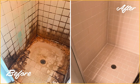 Before and After Picture of a Danvers Shower Caulked to Fix and Prevent Water Damage