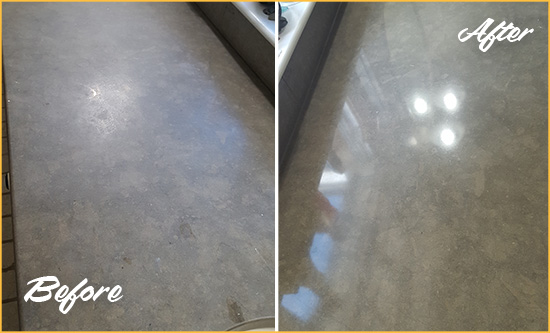 Before and After Picture of a Dull Waban Limestone Countertop Polished to Recover Its Color