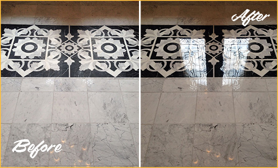 Before and After Picture of a Waban Marble Stone Floor Polished to a Mirror Shine