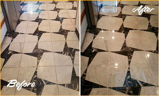 Before and After Picture of a Dull Lynnfield Marble Stone Floor Polished To Recover Its Luster