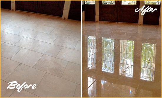 Before and After Picture of a Dull Medfield Travertine Stone Floor Polished to Recover Its Gloss