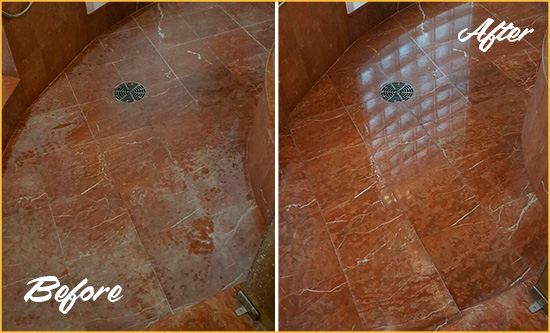 Before and After Picture of a Scituate Marble Stone Shower Polished to Eliminate Mineral Deposits