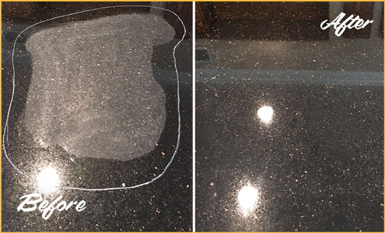 Before and After Picture of a Waban Granite Stone Countertop Polished to Remove Scratches