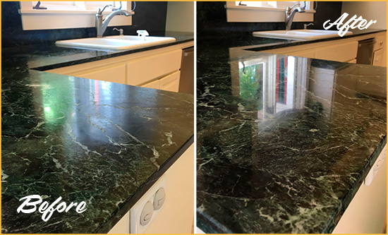 Before and After Picture of a Lynnfield Marble Stone Counter Polished to Eliminate Water Marks