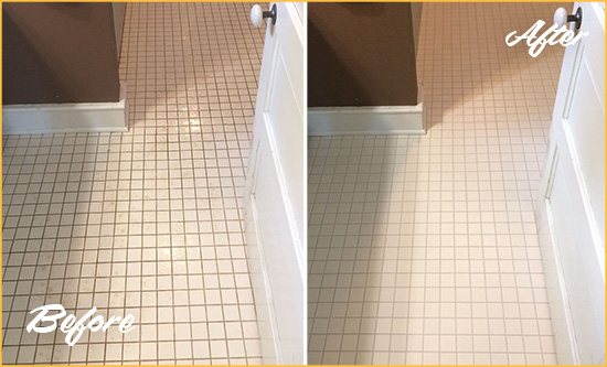 Before and After Picture of a Stow Bathroom Floor Sealed to Protect Against Liquids and Foot Traffic