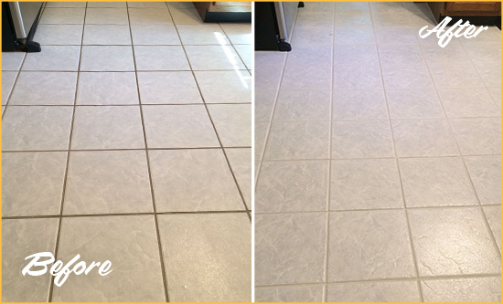Before and After Picture of a North Andover Kitchen Ceramic Floor Sealed to Protect From Dirt and Spills