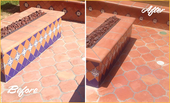 Before and After Picture of a Dull Shrewsbury Terracotta Patio Floor Sealed For UV Protection