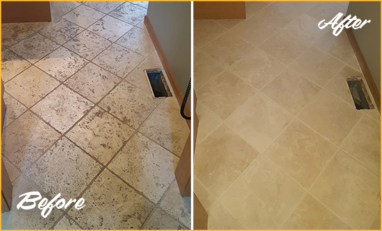 Before and After Picture of a West Boxford Kitchen Marble Floor Cleaned to Remove Embedded Dirt