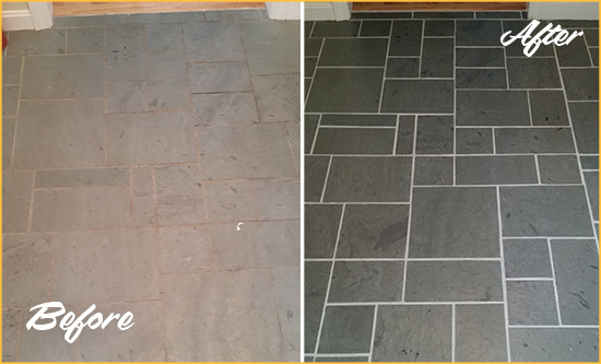 Before and After Picture of a Northborough Slate Floor Cleaned to Remove Deep-Seated Dirt