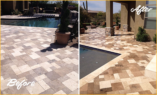 Before and After Picture of a Dull Medfield Travertine Pool Deck Cleaned to Recover Its Original Colors