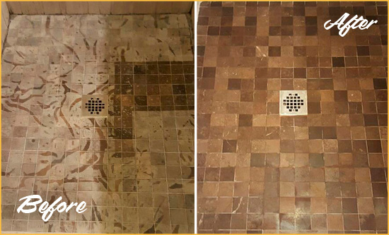 Before and After Picture of a Stained Medfield Marble Shower Floor Cleaned to Remove Etching