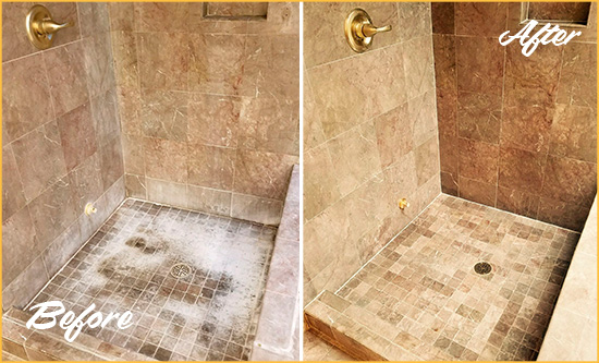 Before and After Picture of a Medfield Travertine Shower Cleaned to Eliminate Water Spots