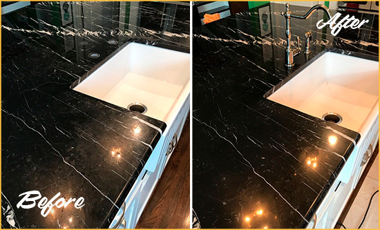 Before and After Picture of a Lynnfield Marble Kitchen Countertop Stone Sealed to Avoid Water Damage