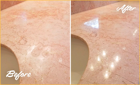 Before and After Picture of a Everett Marble Stone Vanity Top Sealed to Avoid Water Marks