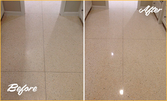 Before and After Picture of a Dull Stow Granite Floor Honed to Recover Its Sheen