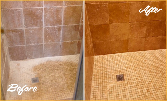 Before and After Picture of a Medfield Travertine Shower Honed to Remove Mineral Deposits