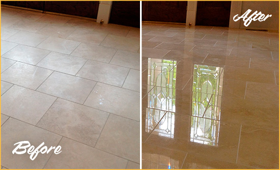 Before and After Picture of a Waban Hard Surface Restoration Service on a Dull Travertine Floor Polished to Recover Its Splendor