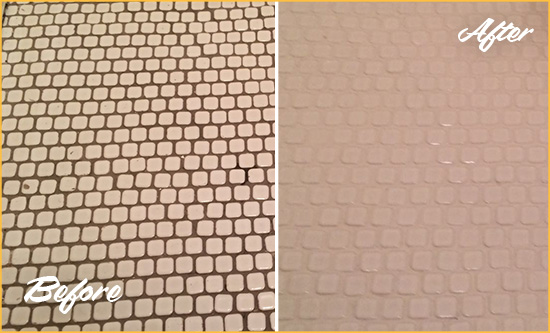 Before and After Picture of a Northborough Hard Surface Restoration Service on a Bathroom Tile Floor Recolored to Fix Grout Color