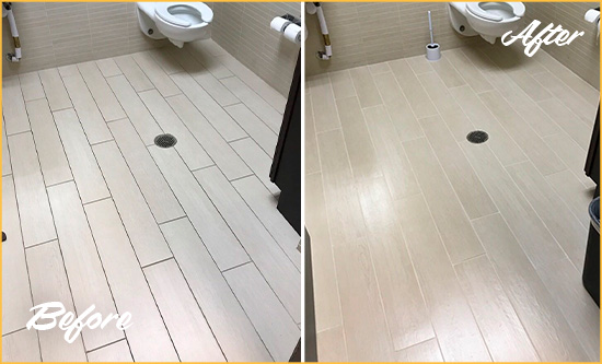 Before and After Picture of a Medfield Office Restroom's Grout Cleaned to Remove Dirt