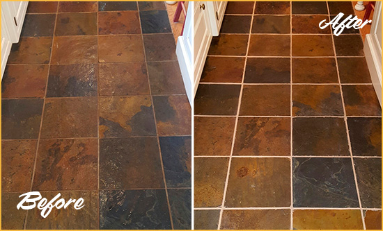 Before and After Picture of Stow Slate Floor Grout Cleaned to Remove Dirt