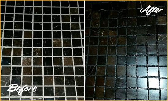 Before and After Picture of a Shrewsbury Black Floor with Recolored Grout