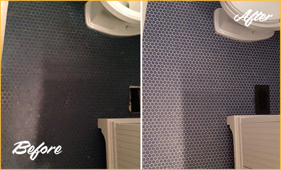 Before and After Picture of a West Boxford Blue Tile Floor Recolored Grout