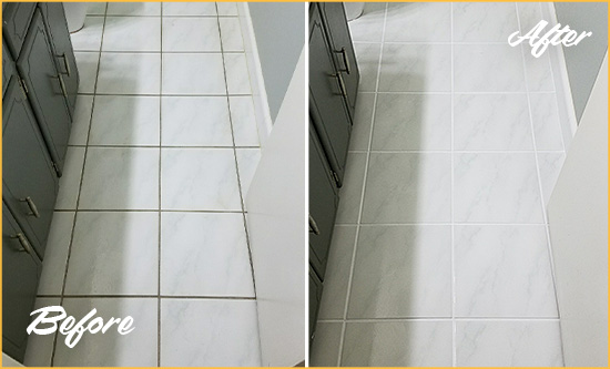 Before and After Picture of a Stow White Ceramic Tile with Recolored Grout