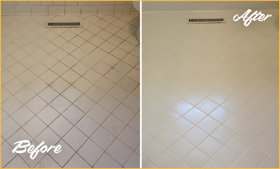 Before and After Picture of a Bolton White Bathroom Floor Grout Sealed for Extra Protection