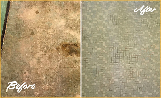 Before and After Picture of a Danvers Mosaic Shower Cleaned to Eliminate Embedded Dirt