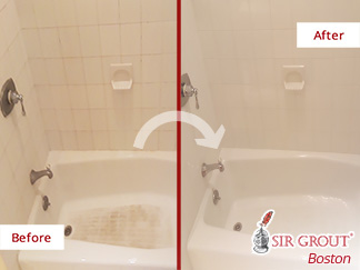 Before and after Picture of This Bathroom after Our Tile Cleaning Service in Auburndale, MA