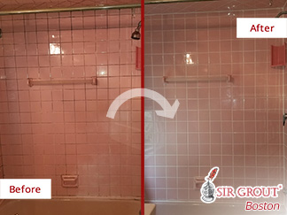 Before and After Picture of a Grout Cleaning Job in Watertown, MA