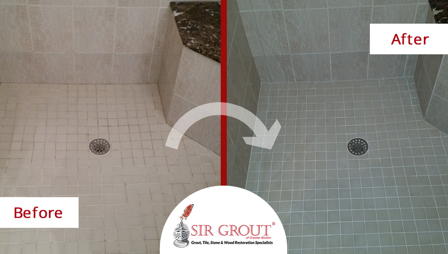 Before and After: Epoxy Color Seal Makes a Shower in Chestnut Hill Look Brand New