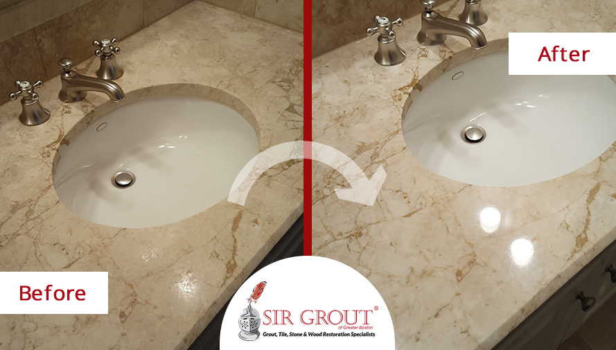Stone Polishing in Boston Restores the Luxurious Appearance of This Countertop and Shower