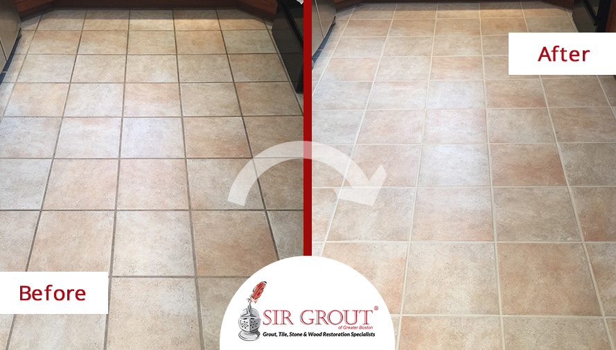 Kitchen Porcelain Floor Looks Spotless After a Grout Recoloring Job in West Newton