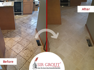 Before and After Picture of Stone Cleaning Perfomed on Tumbled Marble Floor in Shrewsbury, MA