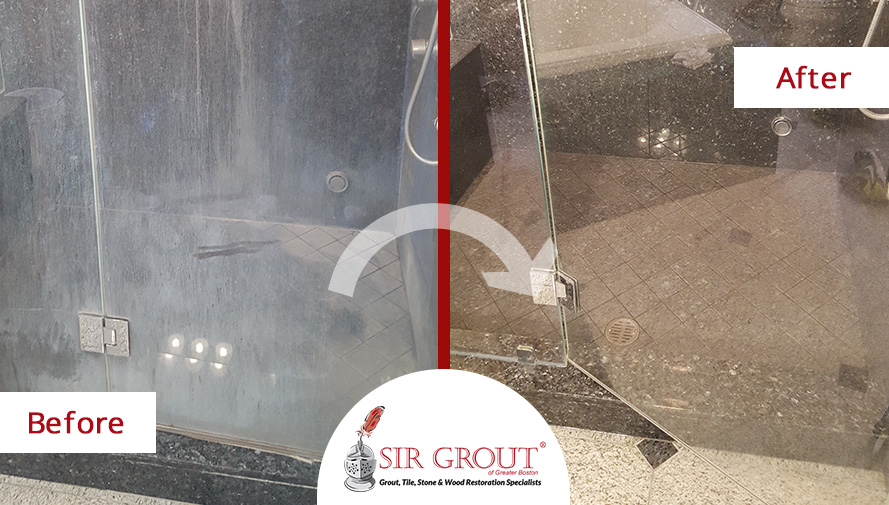Before and After Picture of the Shower Door During a Stone Polishing Service in a Bathroom from Lexington, MA