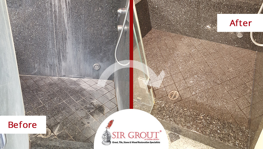 Before and After Picture of a Granite Stone Polishing Service in a Shower from Lexington, Massachusetts