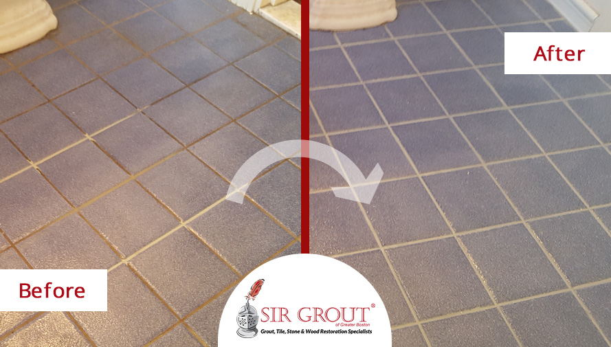 Before and After Picture of a Recaulking and GroutService in Wellesley, MA