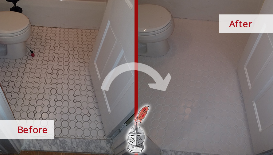 Before and After Picture of a Bathroom's Floor Tile Cleaning Service in Wakefield, Massachusetts